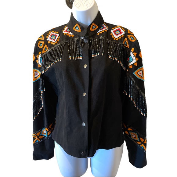 Vintage Southwest Native inspired western beaded fringe jacket black turquoise - Picture 1 of 13